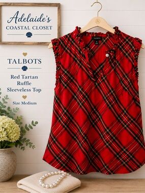Talbots Red Tartan Plaid Ruffle Sleeveless Holiday Top Women’s Medium Metallic